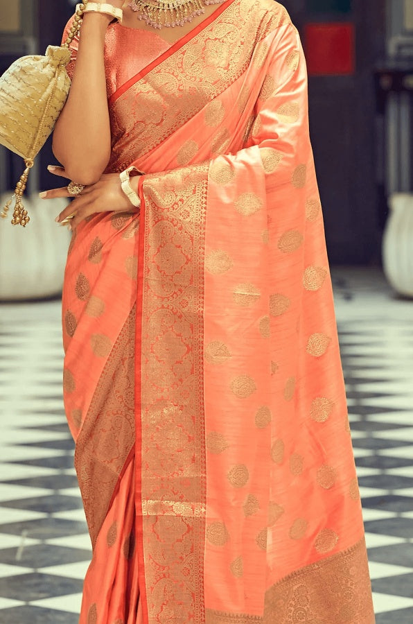 Girlish Peach Soft Banarasi Silk Saree With Adorable Blouse Piece