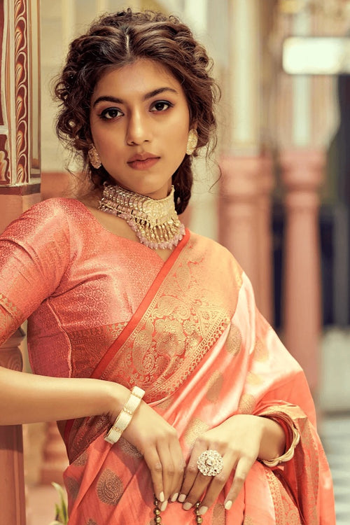 Load image into Gallery viewer, Girlish Peach Soft Banarasi Silk Saree With Adorable Blouse Piece
