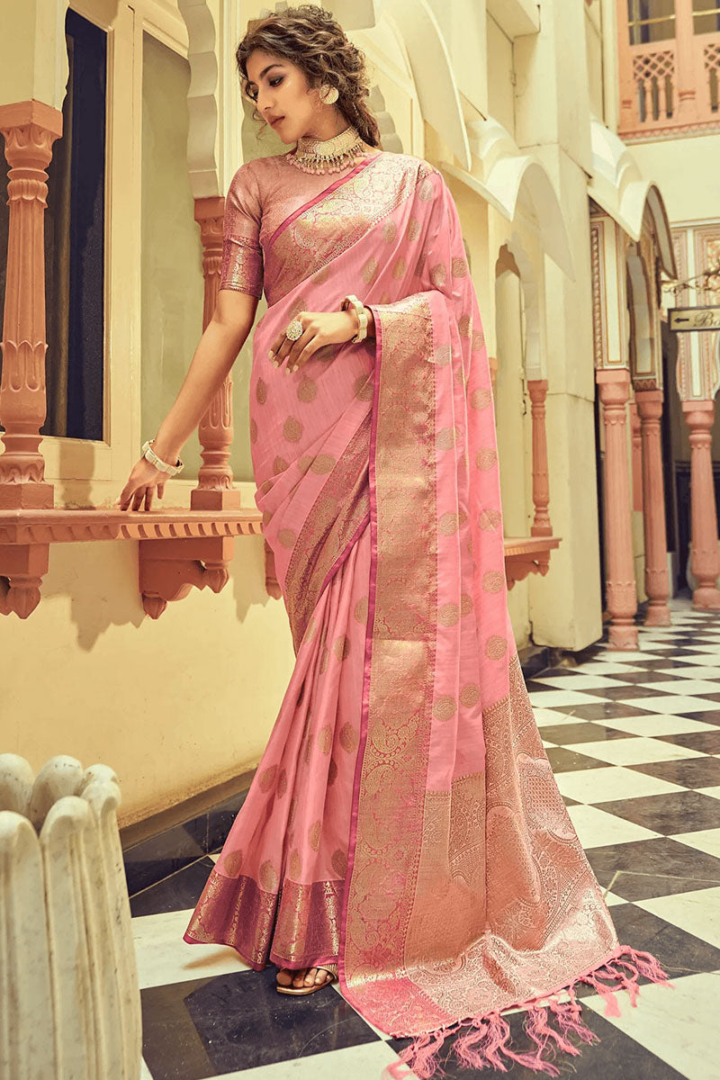 Scintilla Pink Soft Banarasi Silk Saree With Hypnotic Blouse Piece