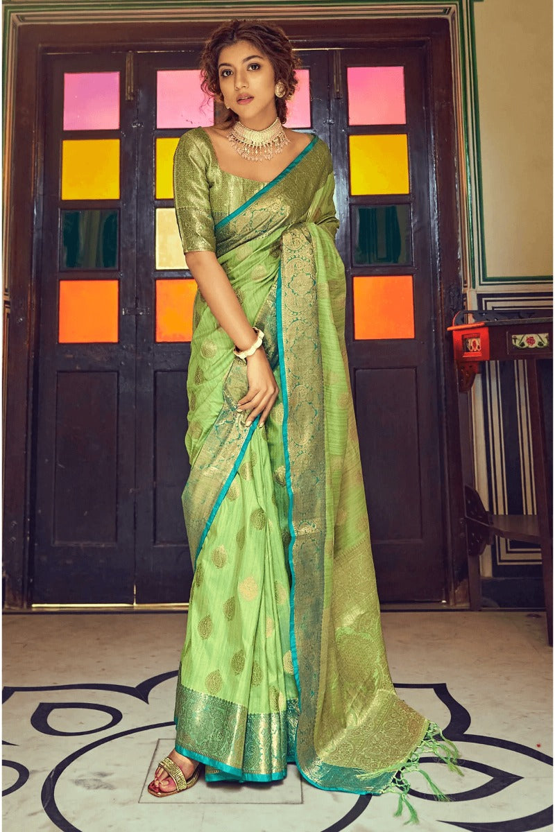 Scintilla Pista Soft Banarasi Silk Saree With Majesty Blouse Piece