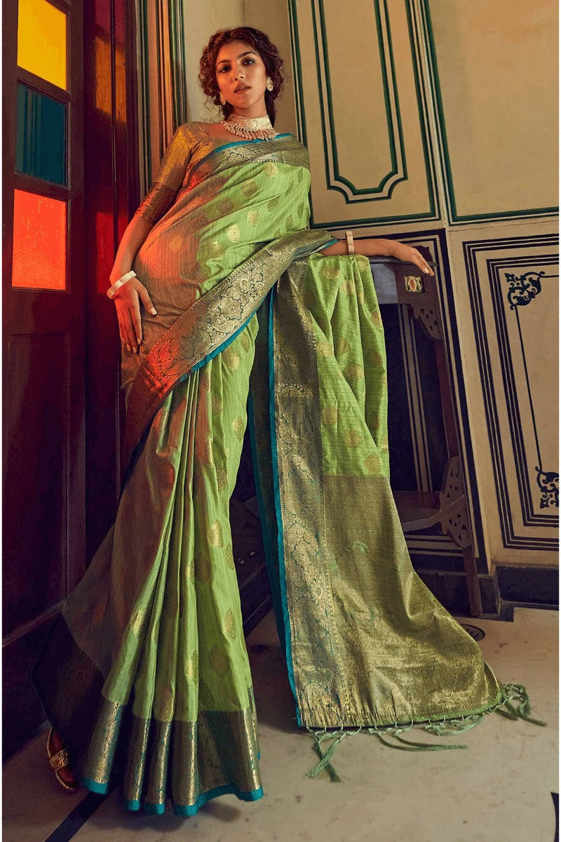 Scintilla Pista Soft Banarasi Silk Saree With Majesty Blouse Piece