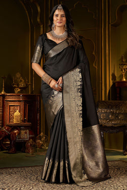 Appealing Black Pure Banarasi Silk Saree With Ailurophile Blouse Piece