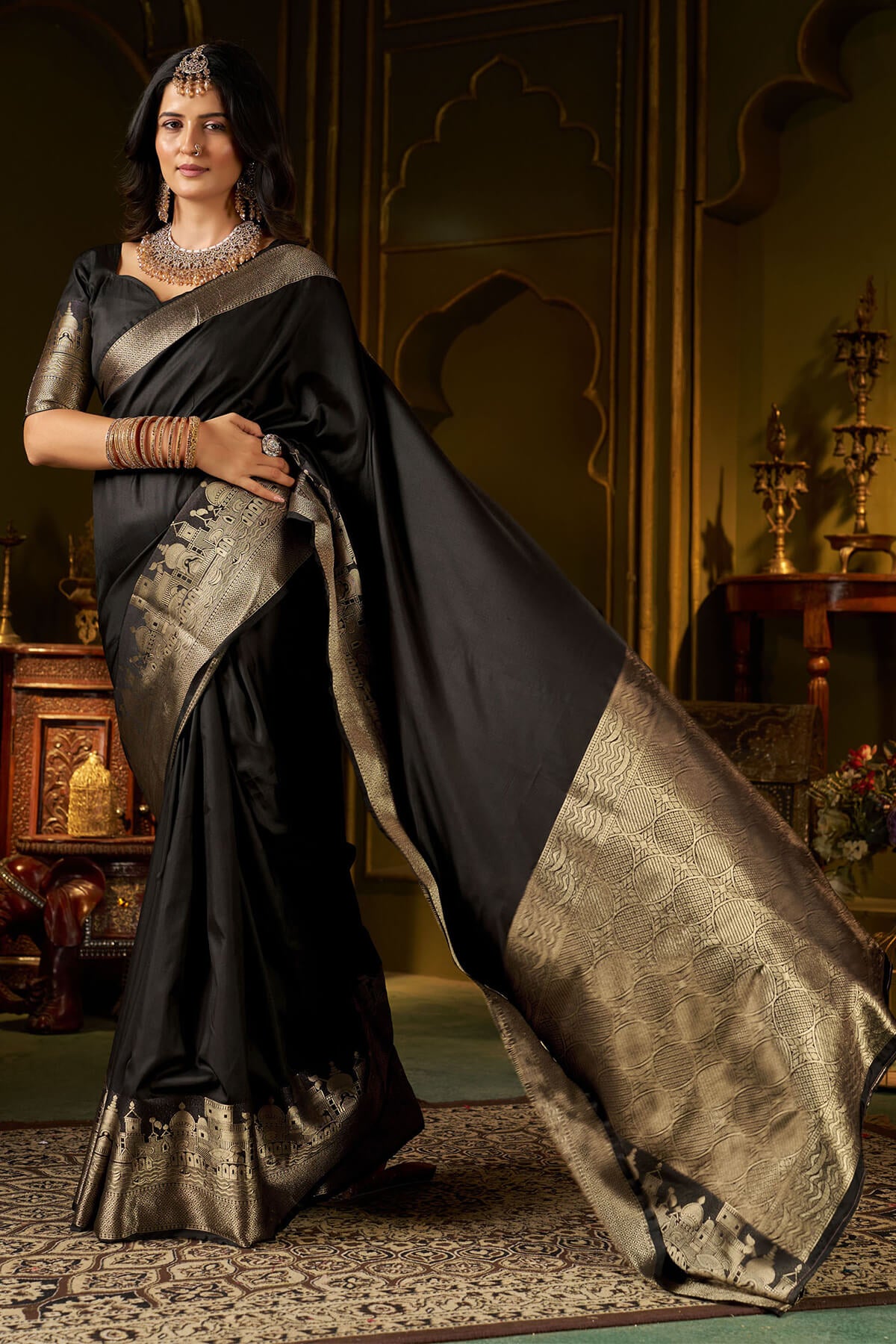 Appealing Black Pure Banarasi Silk Saree With Ailurophile Blouse Piece