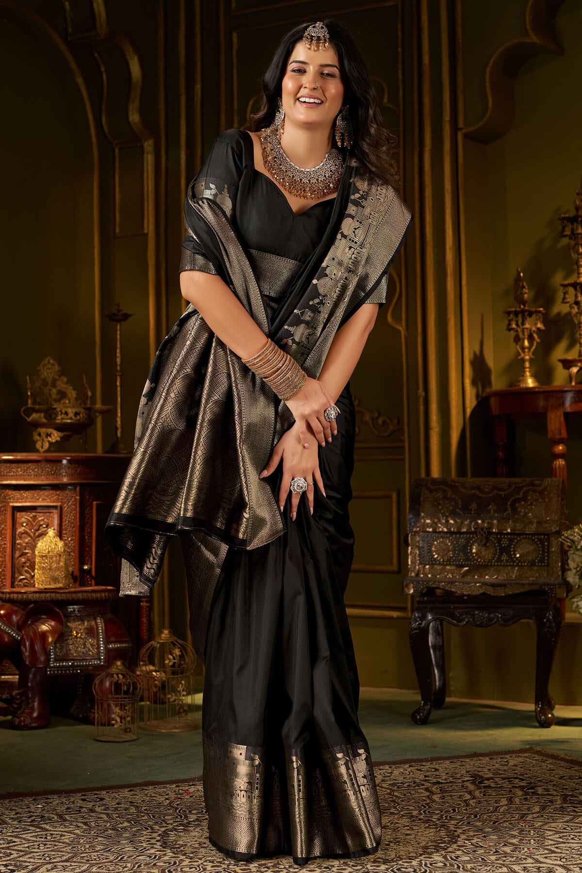 Appealing Black Pure Banarasi Silk Saree With Ailurophile Blouse Piece