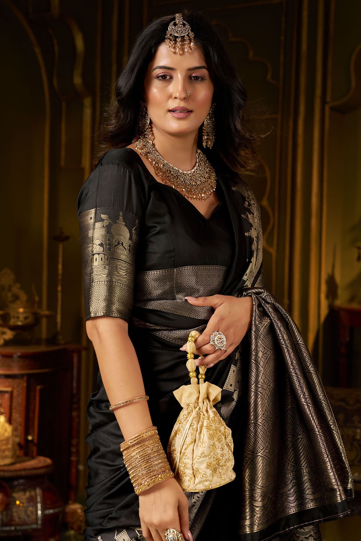 Appealing Black Pure Banarasi Silk Saree With Ailurophile Blouse Piece