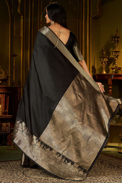 Appealing Black Pure Banarasi Silk Saree With Ailurophile Blouse Piece