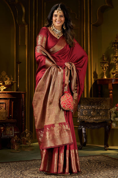 Tantalizing Maroon Pure Banarasi Silk Saree With Grandiose Blouse Piece