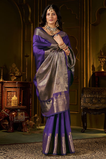 Verdant Purple Pure Banarasi Silk Saree With Scrumptious Blouse Piece