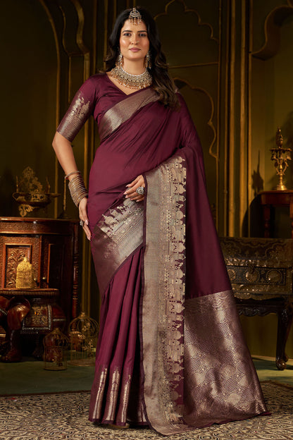 Scrupulous Wine Pure Banarasi Silk Saree With Opulent Blouse Piece