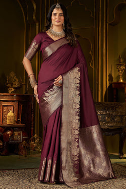 Scrupulous Wine Pure Banarasi Silk Saree With Opulent Blouse Piece
