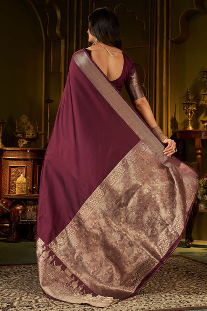 Scrupulous Wine Pure Banarasi Silk Saree With Opulent Blouse Piece