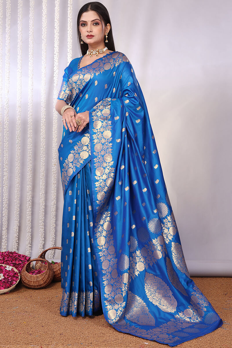 Conflate Firozi Soft Banarasi Silk Saree With Innovative Blouse Piece