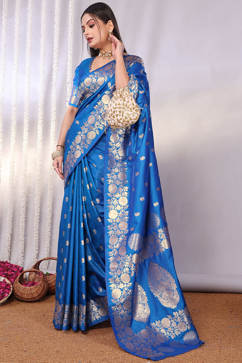 Conflate Firozi Soft Banarasi Silk Saree With Innovative Blouse Piece