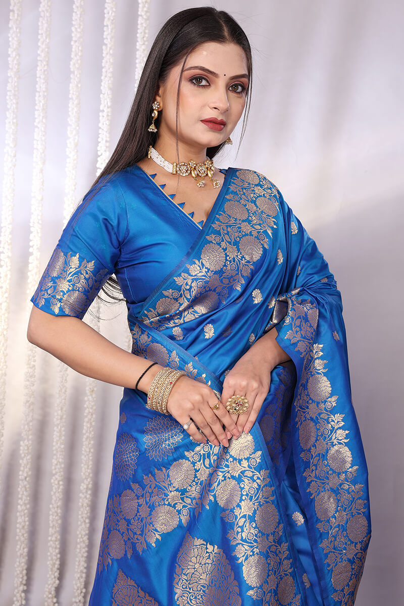 Conflate Firozi Soft Banarasi Silk Saree With Innovative Blouse Piece
