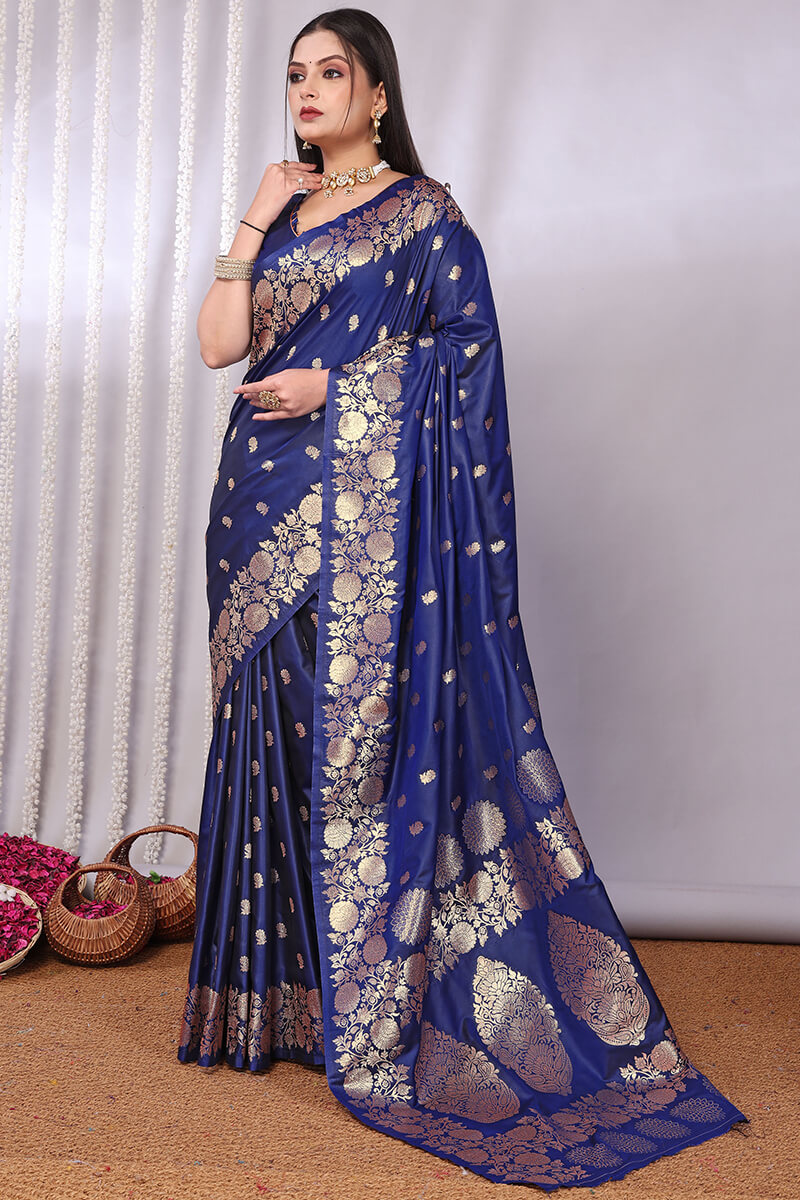 Bucolic Navy Blue Soft Banarasi Silk Saree With Desiring Blouse Piece