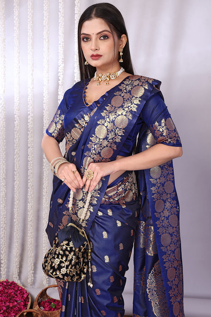Bucolic Navy Blue Soft Banarasi Silk Saree With Desiring Blouse Piece