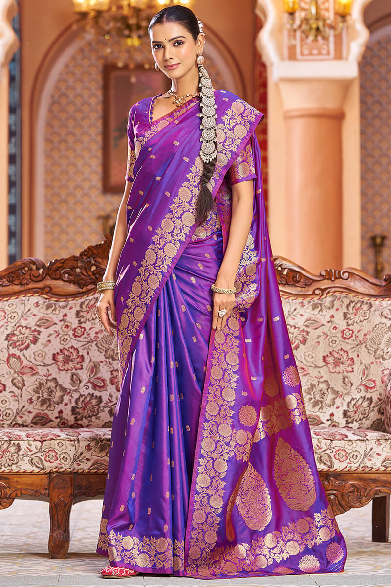 Artistic Purple Soft Banarasi Silk Saree With Dissemble Blouse Piece