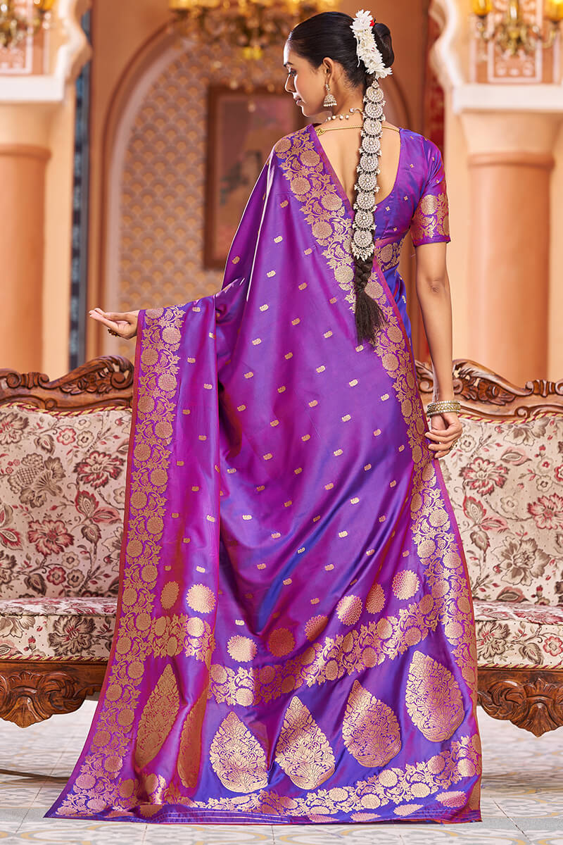 Artistic Purple Soft Banarasi Silk Saree With Dissemble Blouse Piece