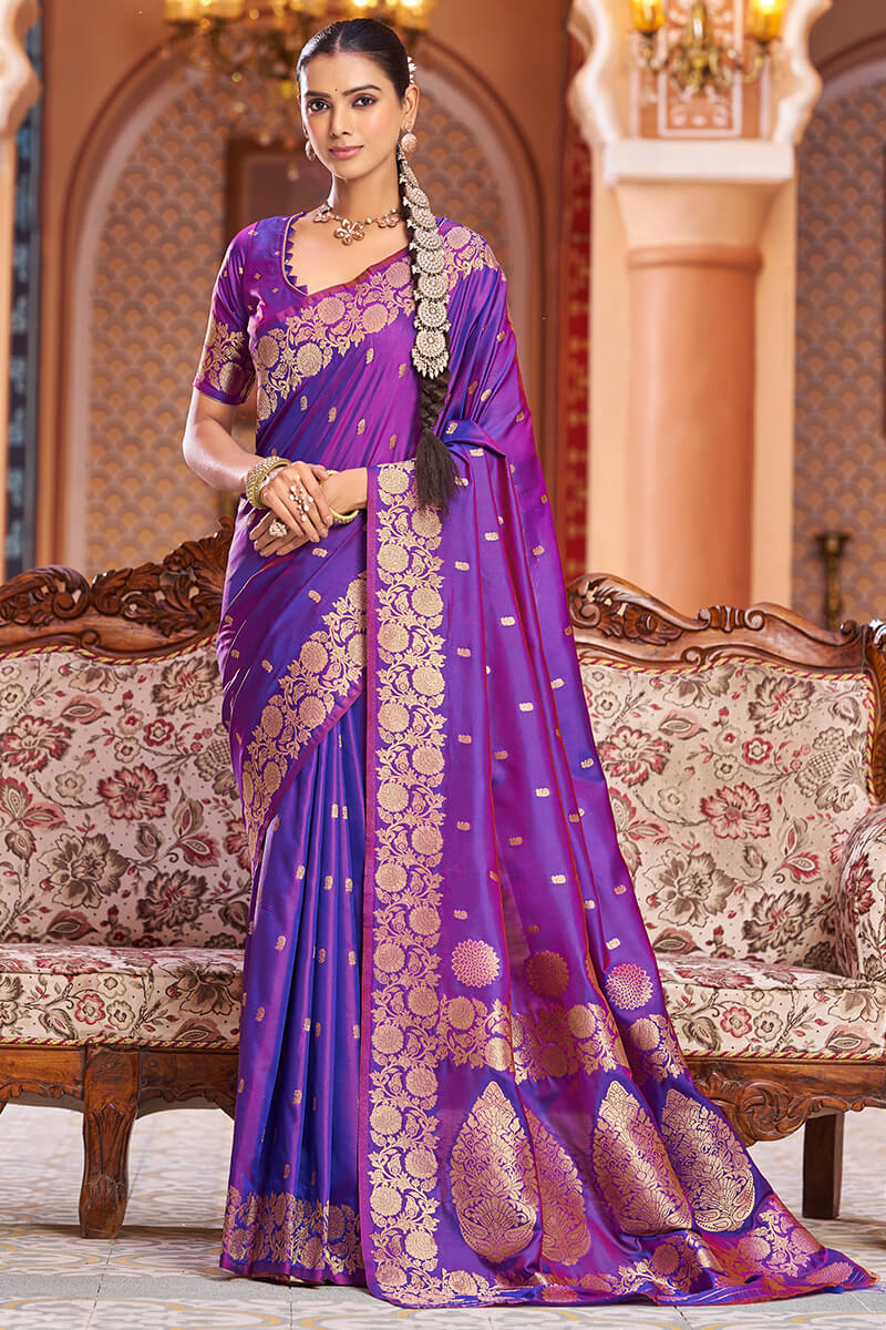 Artistic Purple Soft Banarasi Silk Saree With Dissemble Blouse Piece