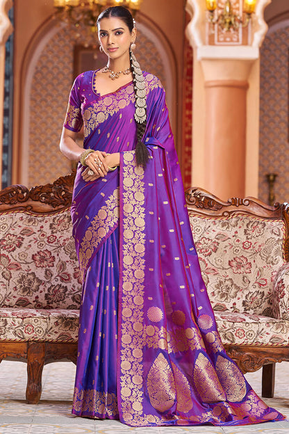 Artistic Purple Soft Banarasi Silk Saree With Dissemble Blouse Piece