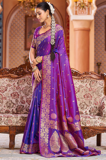 Artistic Purple Soft Banarasi Silk Saree With Dissemble Blouse Piece