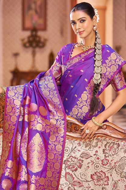 Artistic Purple Soft Banarasi Silk Saree With Dissemble Blouse Piece