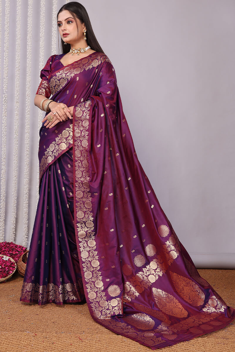 Forbearance Wine Soft Banarasi Silk Saree With Demanding Blouse Piece