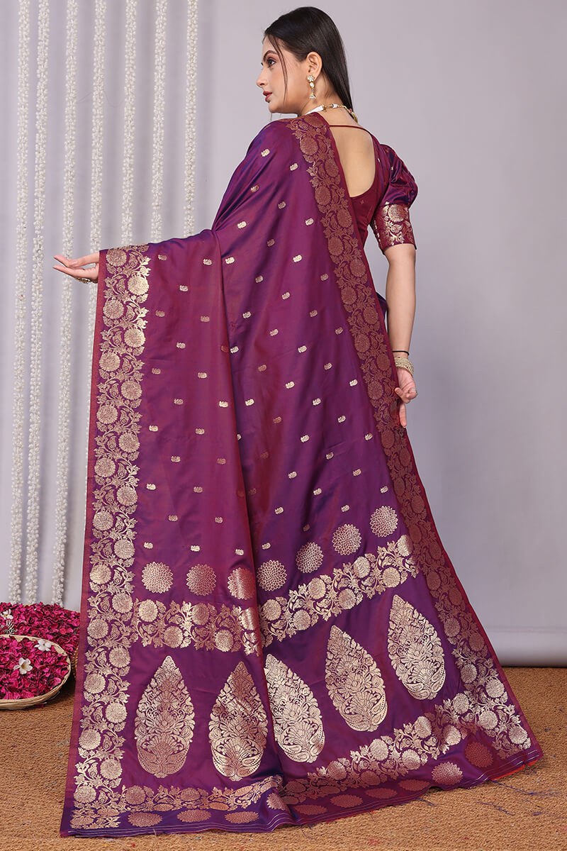 Forbearance Wine Soft Banarasi Silk Saree With Demanding Blouse Piece