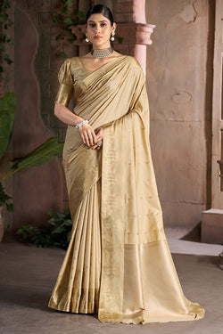 Prominent Beige Pure Zari Weaving Banarasi Silk Saree With Magnetic Blouse Piece