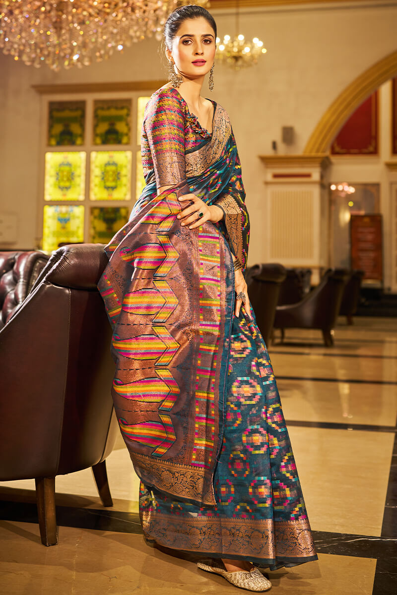 Super Classy Blue Organza Silk Saree With Diaphanous Blouse Piece