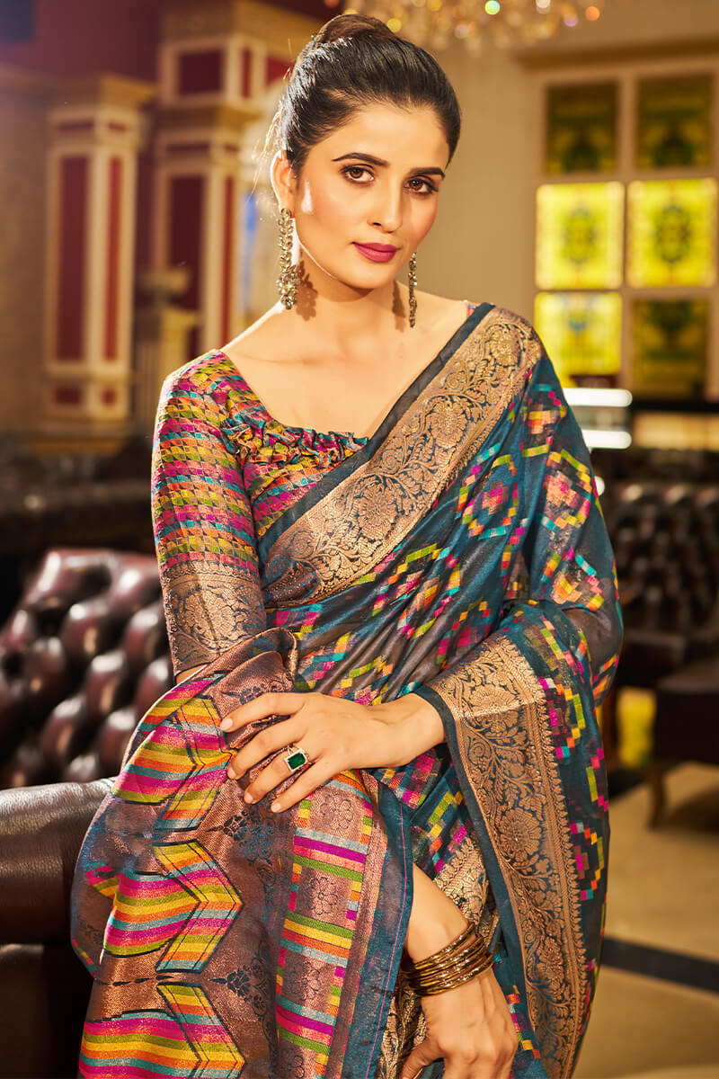 Super Classy Blue Organza Silk Saree With Diaphanous Blouse Piece