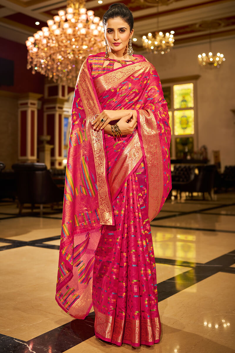 Hypnotic Dark Pink Organza Silk Saree With Demesne Blouse Piece