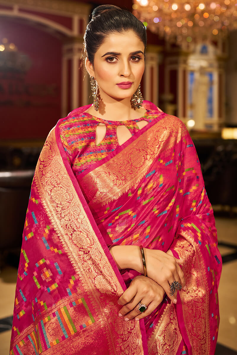 Hypnotic Dark Pink Organza Silk Saree With Demesne Blouse Piece