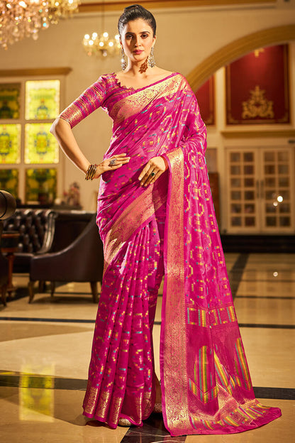 Classy Magenta Organza Silk Saree With Dulcet Blouse Piece