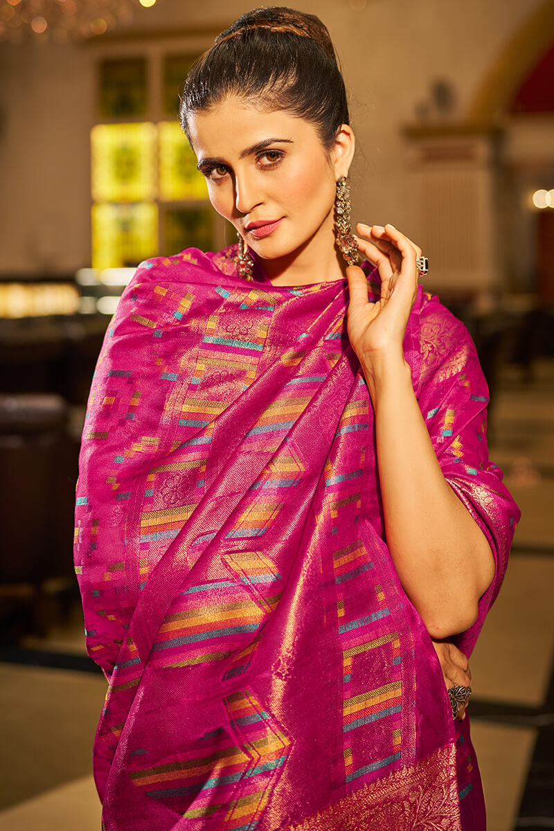 Classy Magenta Organza Silk Saree With Dulcet Blouse Piece