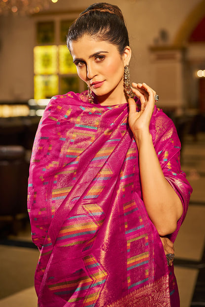 Classy Magenta Organza Silk Saree With Dulcet Blouse Piece