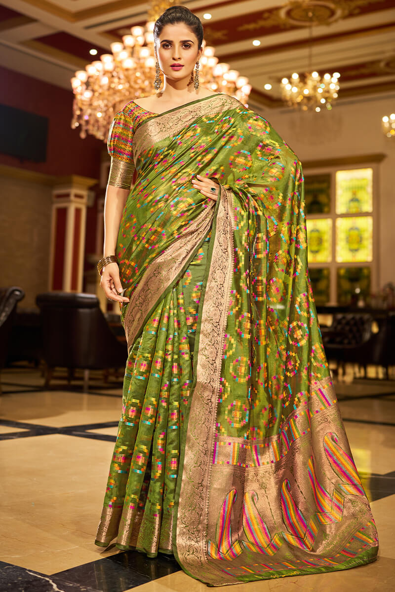Entrancing Mehndi Organza Silk Saree With Sonorous Blouse Piece