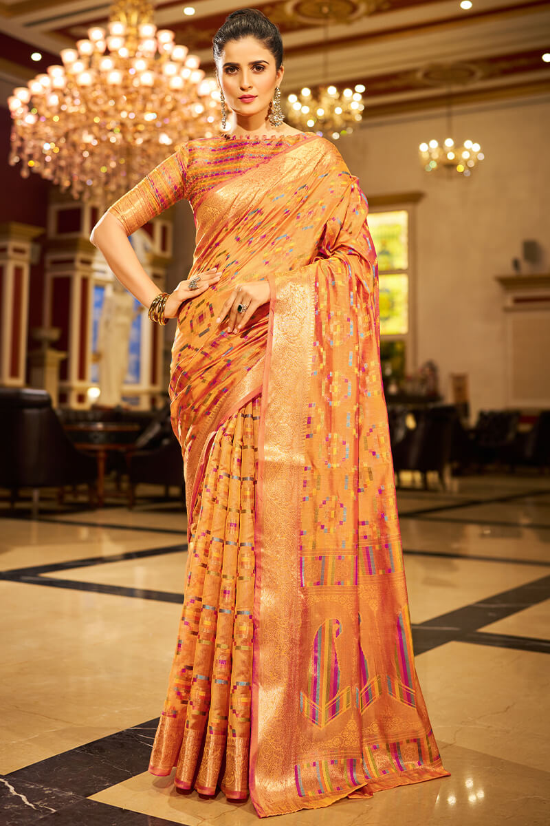 Brood Orange Organza Silk Saree With Eye-catching Blouse Piece
