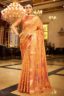 Brood Orange Organza Silk Saree With Eye-catching Blouse Piece