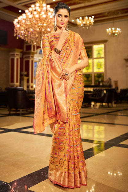 Brood Orange Organza Silk Saree With Eye-catching Blouse Piece