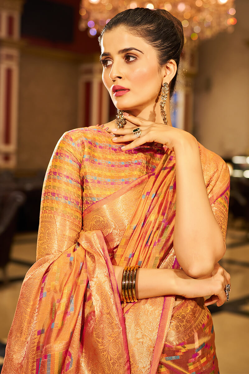 Brood Orange Organza Silk Saree With Eye-catching Blouse Piece