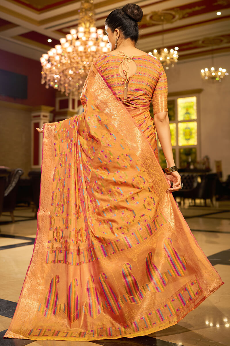 Brood Orange Organza Silk Saree With Eye-catching Blouse Piece