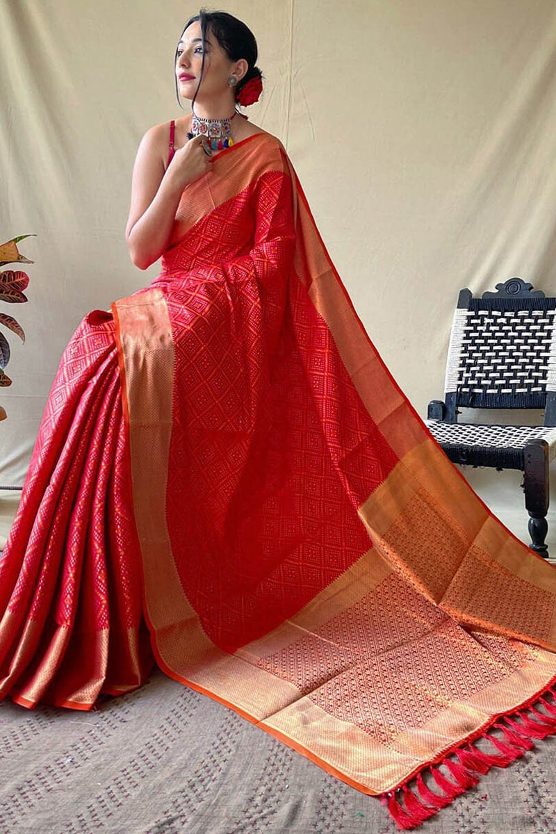 Magnetic Red Patola Silk Saree with Gratifying Blouse Piece