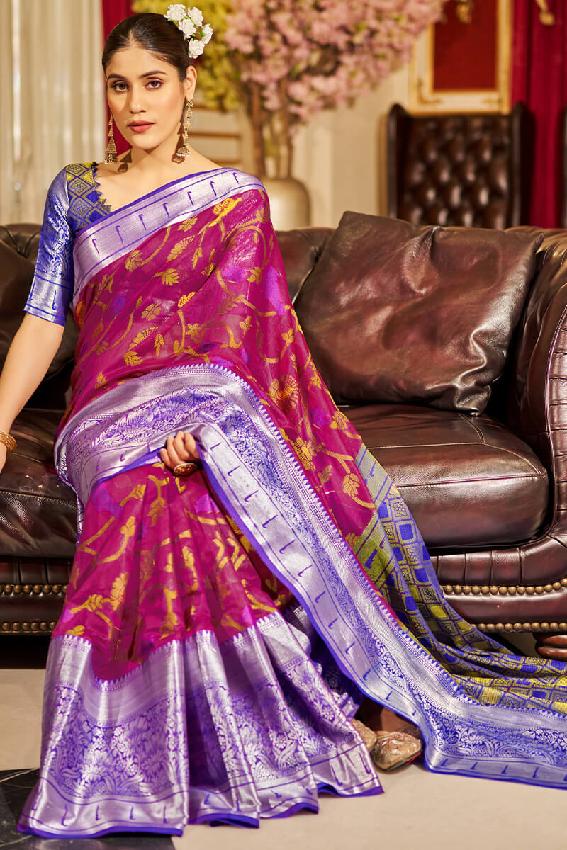 Charming Dark Pink Soft Banarasi Silk Saree With Radiant Blouse Piece