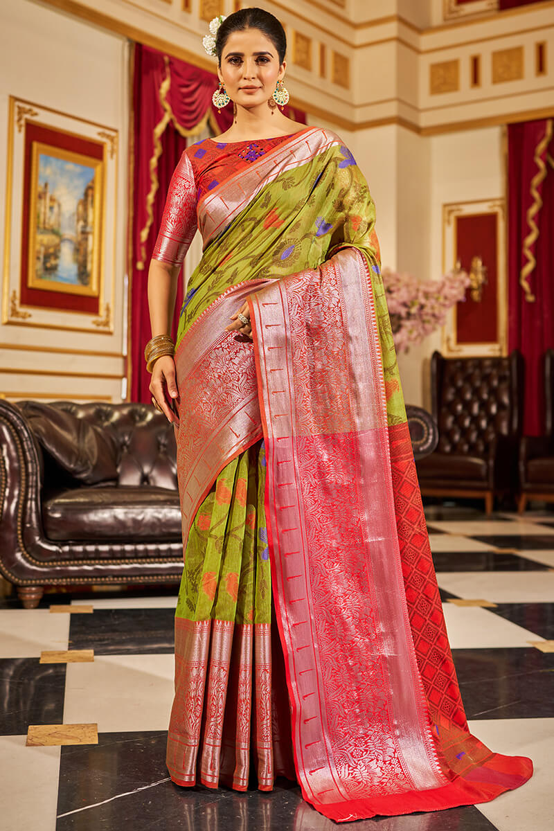 Entrancing Mehndi Soft Banarasi Silk Saree With Demesne Blouse Piece