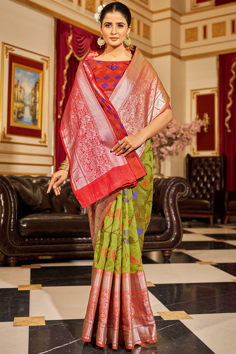 Entrancing Mehndi Soft Banarasi Silk Saree With Demesne Blouse Piece