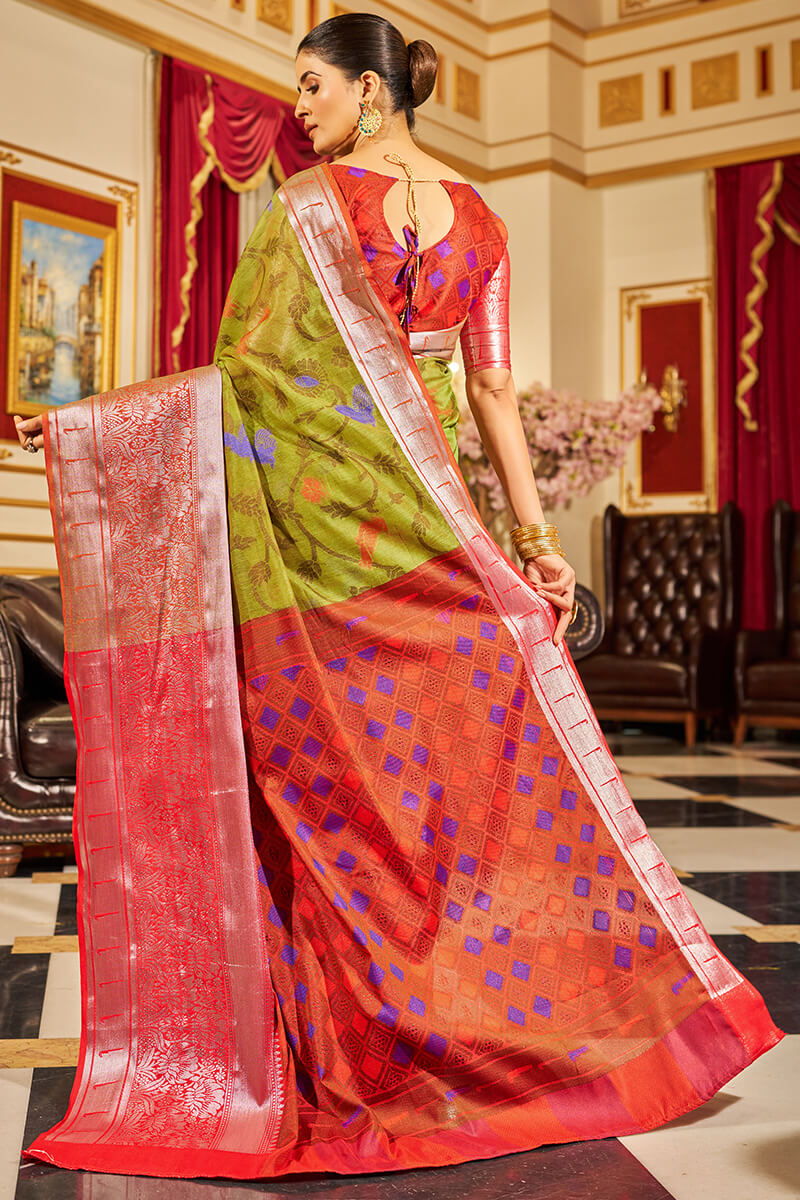 Entrancing Mehndi Soft Banarasi Silk Saree With Demesne Blouse Piece