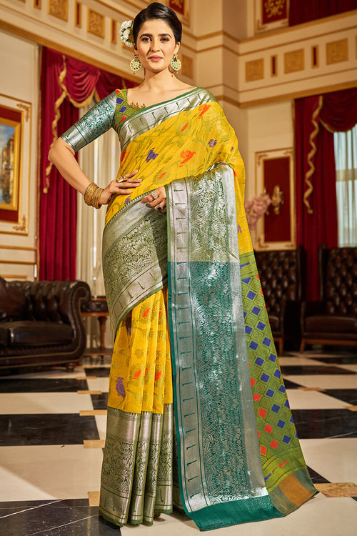 Load image into Gallery viewer, Nemesis Yellow Soft Banarasi Silk Saree With Delectable Blouse Piece
