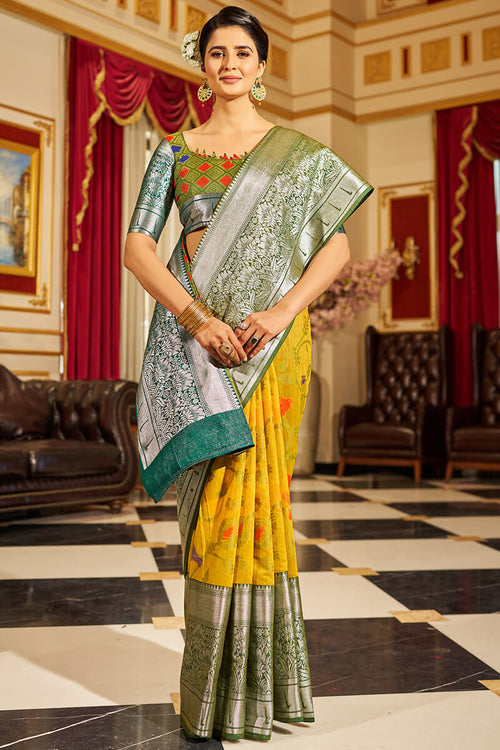 Load image into Gallery viewer, Nemesis Yellow Soft Banarasi Silk Saree With Delectable Blouse Piece
