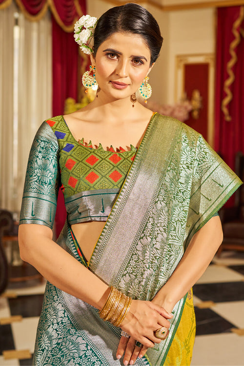 Load image into Gallery viewer, Nemesis Yellow Soft Banarasi Silk Saree With Delectable Blouse Piece
